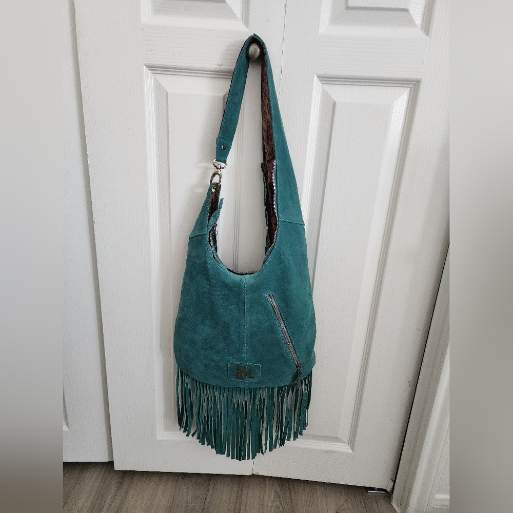 Chic Teal Hobo Bag with Fringe